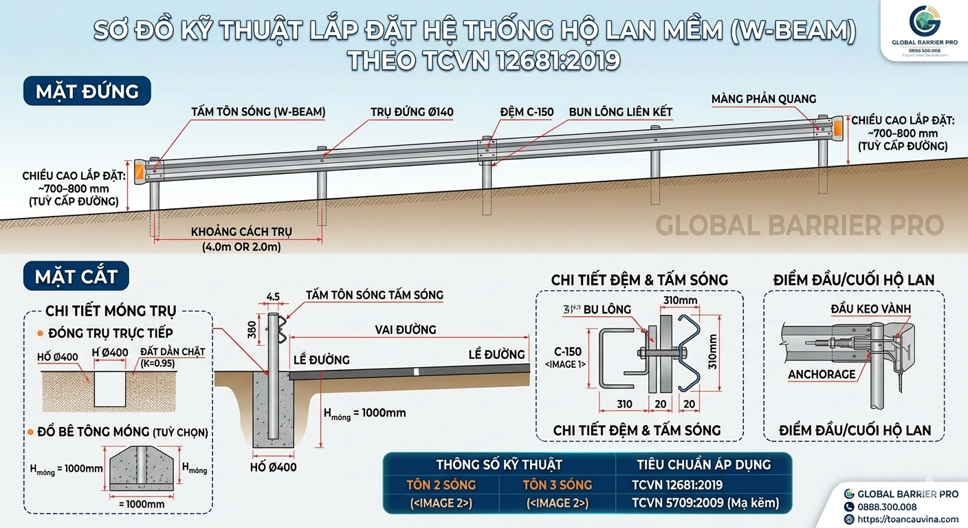 Hộ Lan Tôn Lượn Sóng 10 Sơ đồ kỹ thuật lắp đặt hộ lan mềm đạt chuẩn TCVN 12681:2019