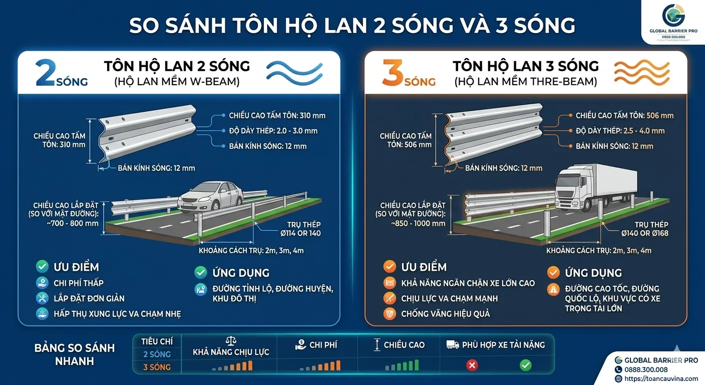 Hộ Lan Tôn Lượn Sóng 9 Bảng so sánh kỹ thuật tôn hộ lan 2 sóng và tôn hộ lan 3 sóng