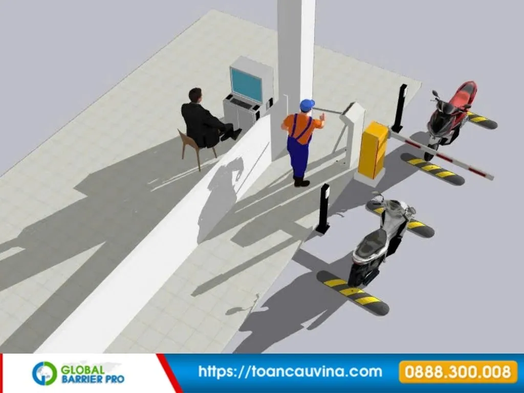 Lắp đặt barie tại Kiên Giang: Giải pháp kiểm soát xe ra vào phù hợp từng công trình 14 Lắp đặt barie tại Kiên Giang - mô phỏng bãi xe có cabin và barie phù hợp khu du lịch, bãi xe, khu dân cư và công trình dịch vụ
