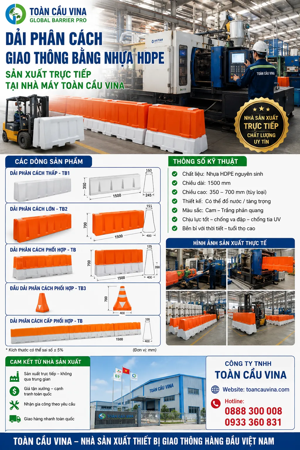Dải phân cách giao thông bằng nhựa 1500 x 400 x 740mm 1 Dải phân cách giao thông TB