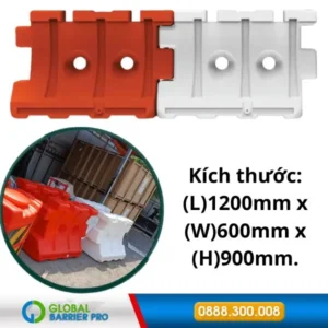 Dải phân cách nhựa chứa nước 1200x600x900 bằng HDPE màu đỏ cam trắng