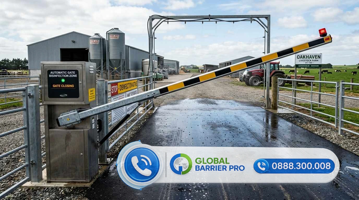 Hệ Thống Barie Tự Động Kết Hợp Hệ Thống Phun Khử Trùng Cho Nhà Máy Chăn Nuôi - Giải Pháp Chống Nhiễm Bệnh Hiệu Quả 15 Cổng barie rào chắn tự động tại nhà máy chăn nuôi với biển báo cấm vào khu vực khử trùng