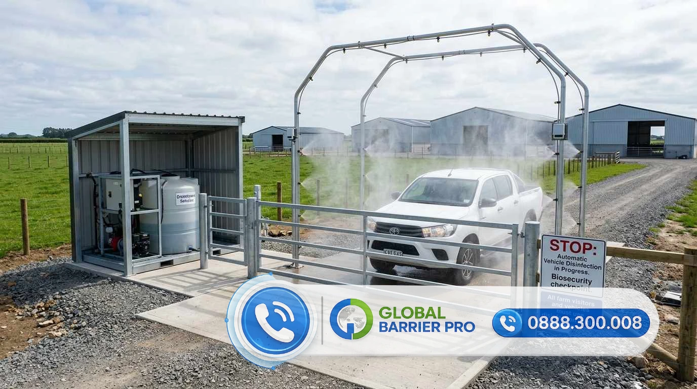Hệ Thống Barie Tự Động Kết Hợp Hệ Thống Phun Khử Trùng Cho Nhà Máy Chăn Nuôi - Giải Pháp Chống Nhiễm Bệnh Hiệu Quả 17 Công trình lắp đặt hệ thống barie phun tự động tại nhà máy chăn nuôi với các đường ống dẫn nước và cảm biến hồng ngoại