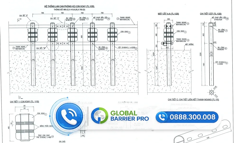 Biện Pháp Thi Công Hộ Lan Xoay Chi Tiết Và Đúng Tiêu Chuẩn Kỹ Thuật 8 Bản vẽ chi tiết kỹ thuật hệ thống hộ lan xoay với đầy đủ thông số về bu lông, thanh ngang và con xoay đạt chuẩn